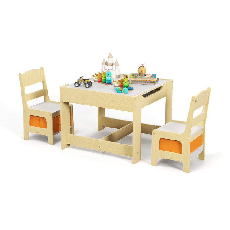 Kids table and chairs set with storage, designed for ages 3-7, perfect for playrooms and creative activities.