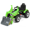 Close-up of the green 12V battery-powered kids ride-on dumper truck's working front loader and easy-to-operate handle.