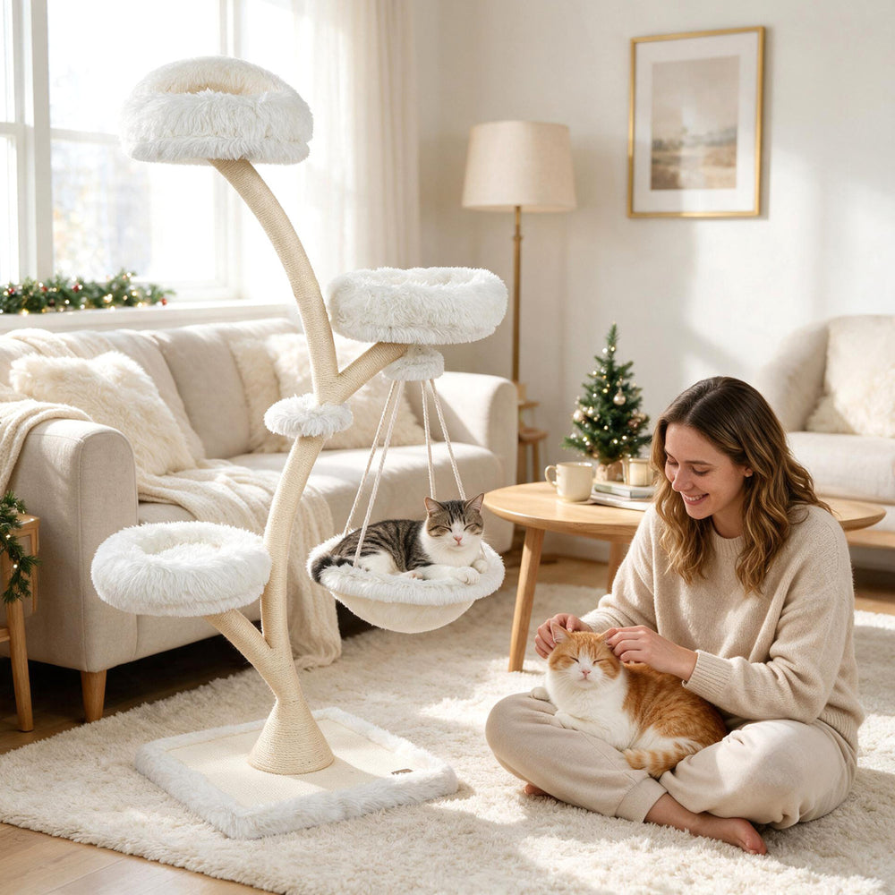 Multi-level beige cat tower features a top perch, two soft beds, a hammock, and sisal posts for climbing and lounging.