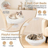 Soft cat bed and playful hammock on a multi-level beige cat tower for climbing, lounging, and cozy resting.
