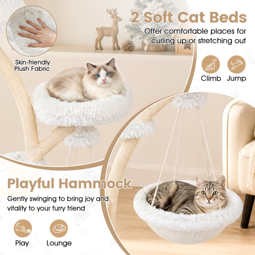 Soft cat bed and playful hammock on a multi-level beige cat tower for climbing, lounging, and cozy resting.