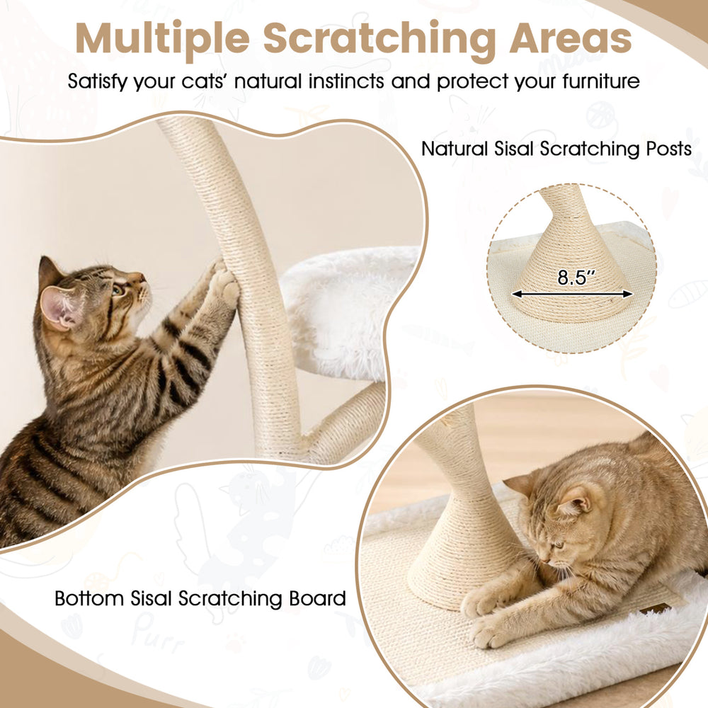 Multi-level beige cat tower featuring sisal scratching posts, two soft beds, and a swinging hammock for playful lounging.