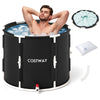Foldable 66 Gal ice bath tub with lid, sturdy design, includes seat cushion for comfortable water seating.