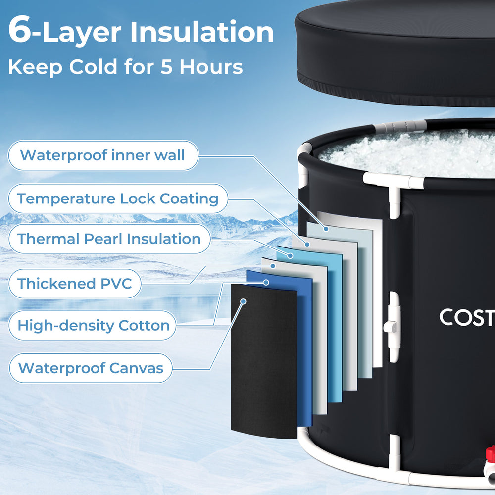 66 Gal foldable ice bath tub showcasing 6-layer insulation, waterproof canvas, and protective lid for effective cooling.