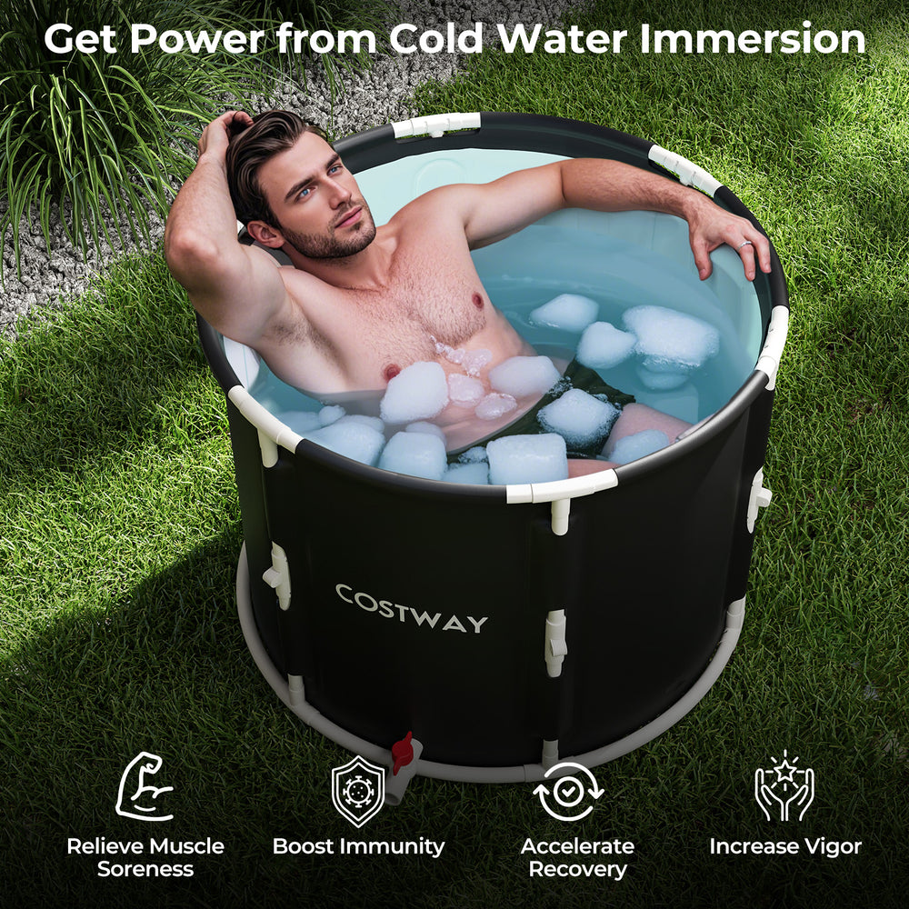 Foldable 66 Gal ice bath tub with lid, designed for muscle recovery and comfort, featuring sturdy 6-layer walls.