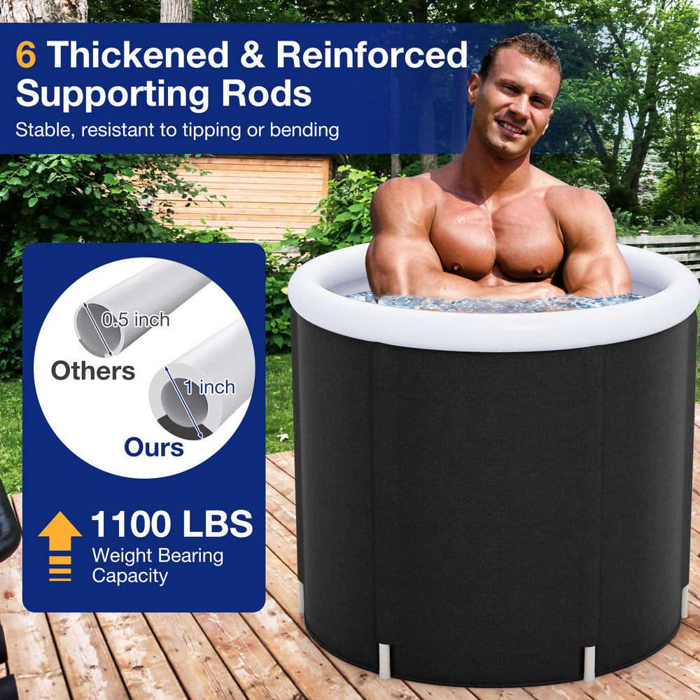Outdoor ice plunge tub featuring 6 thickened supporting rods, 1100 lbs capacity, and protective inflatable lid for.