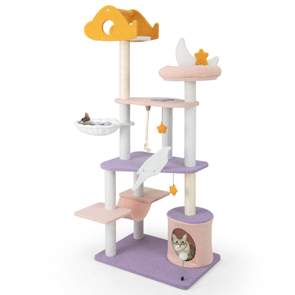 Multi-level 66-inch cat tree in purple with sisal scratching posts, cozy hammock, and cloud-shaped perch for playful.