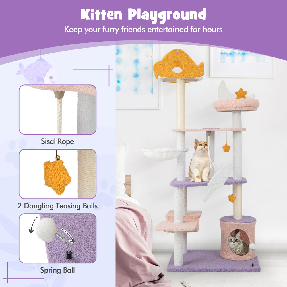 Multi-level 66-inch cat tree in purple with sisal scratching posts, cozy hammock, and dangling balls for playful cats.
