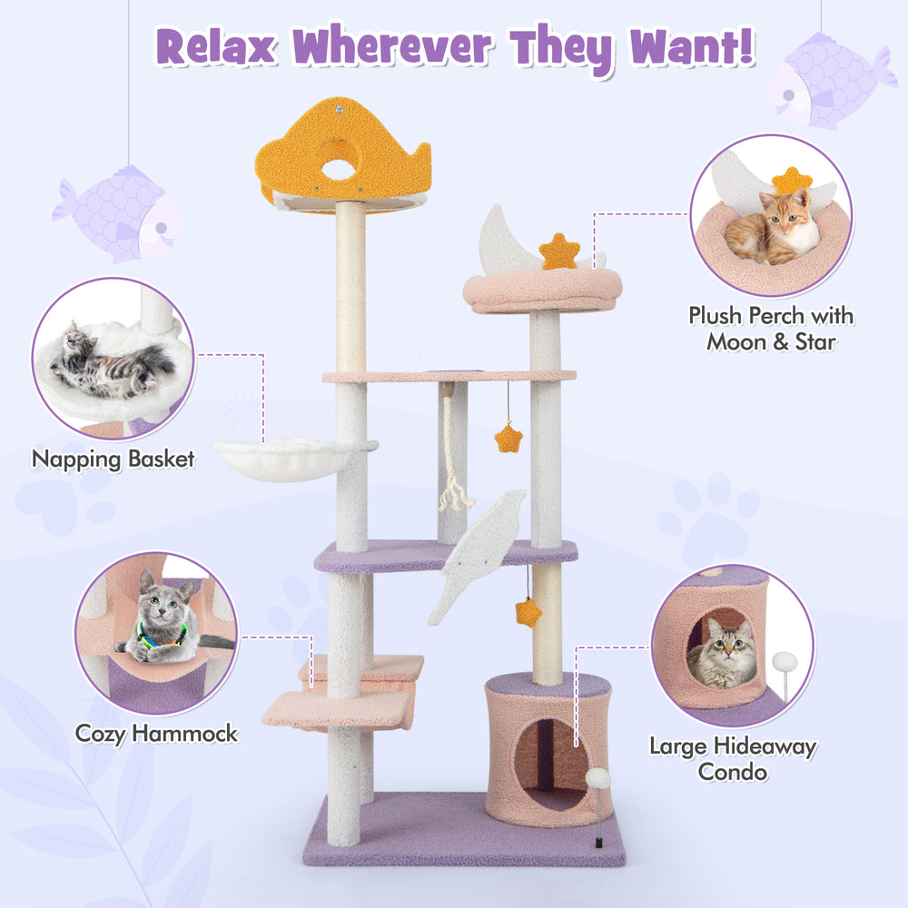 Multi-level 66-inch purple cat tree with plush perch, large hideaway condo, and sisal scratching posts for playful cats.