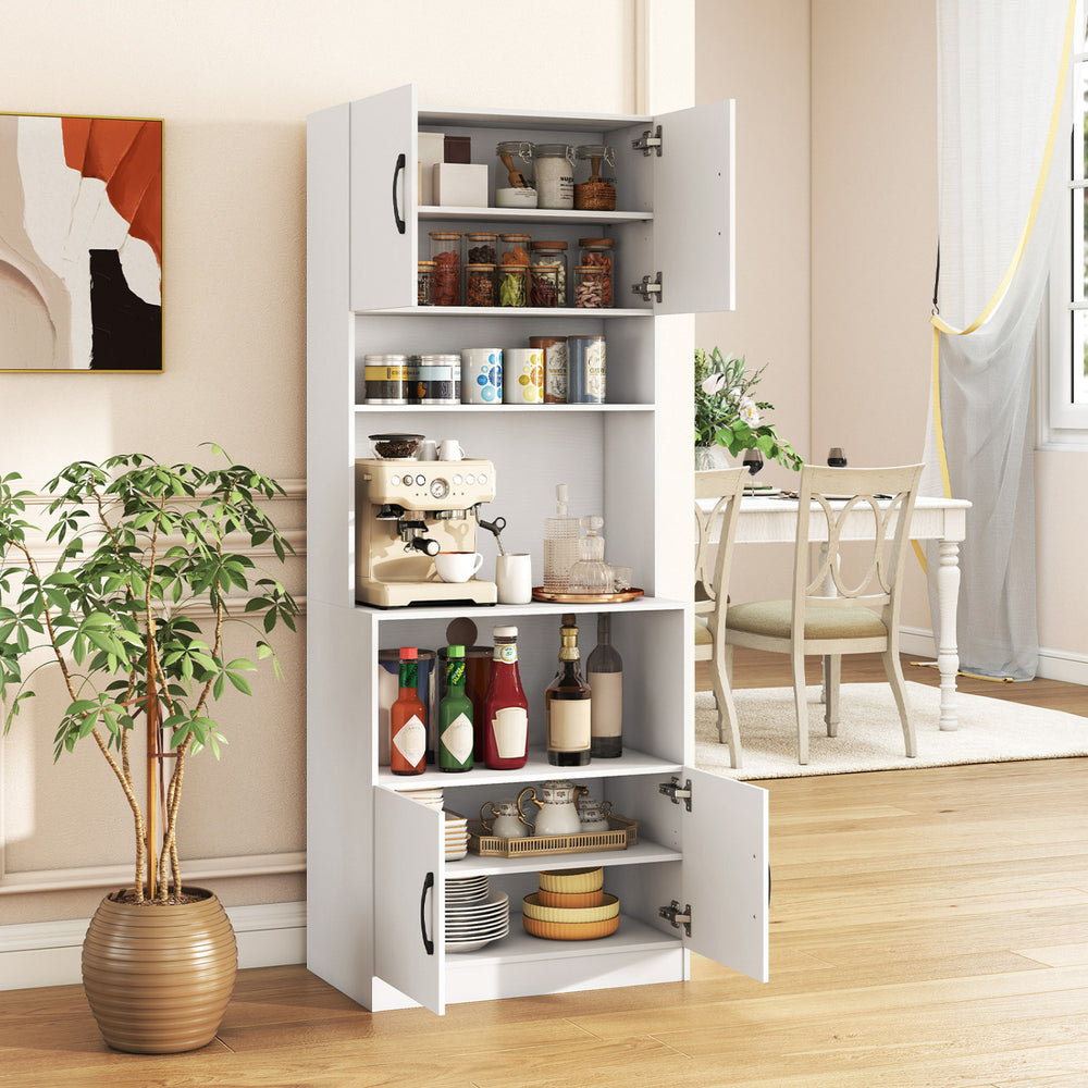 66-inch white kitchen pantry cabinet with charging station, adjustable shelves, and soft-close hinges for dining room.