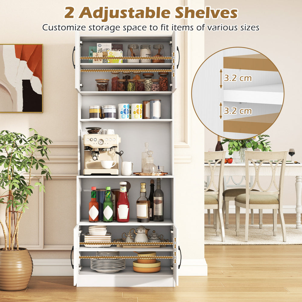 Adjustable shelves in a 66-inch white kitchen pantry cabinet, allowing customization for various item sizes in the.