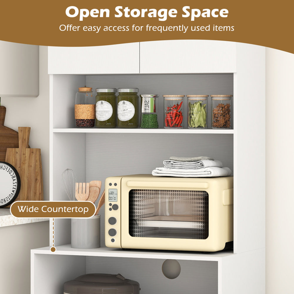 Open storage space in a 66-inch white kitchen pantry cabinet with a wide countertop for microwave placement.