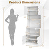 Dimensions of the 66-inch white kitchen pantry cabinet with adjustable shelves and built-in charging station.