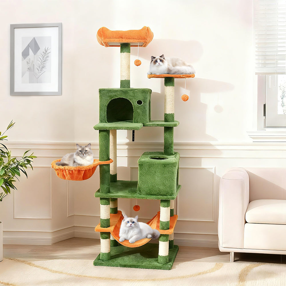 66 Inch Tall Cat Tree Multi-Level Cat Tower with 2 Condos Sisal Scratching Posts-Green - Gallery View 1 of 10