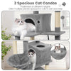 Multi-level cat tree with 2 spacious condos, sisal scratching posts, and soft plush fabric for lounging and hiding.