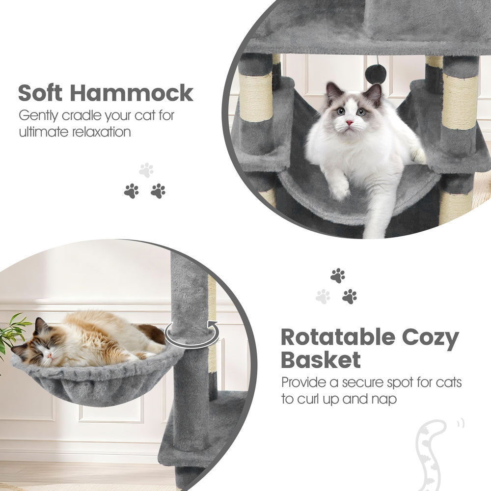Soft hammock and rotatable cozy basket on a 66-inch tall cat tree, perfect for lounging and napping in light gray.