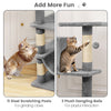 Multi-level cat tree with 11 sisal scratching posts and 3 plush dangling balls for playful interaction in light gray.