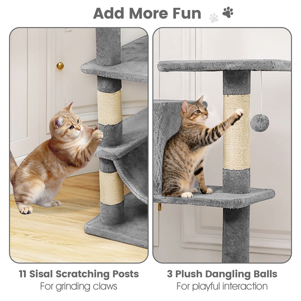 Multi-level cat tree with 11 sisal scratching posts and 3 plush dangling balls for playful interaction in light gray.