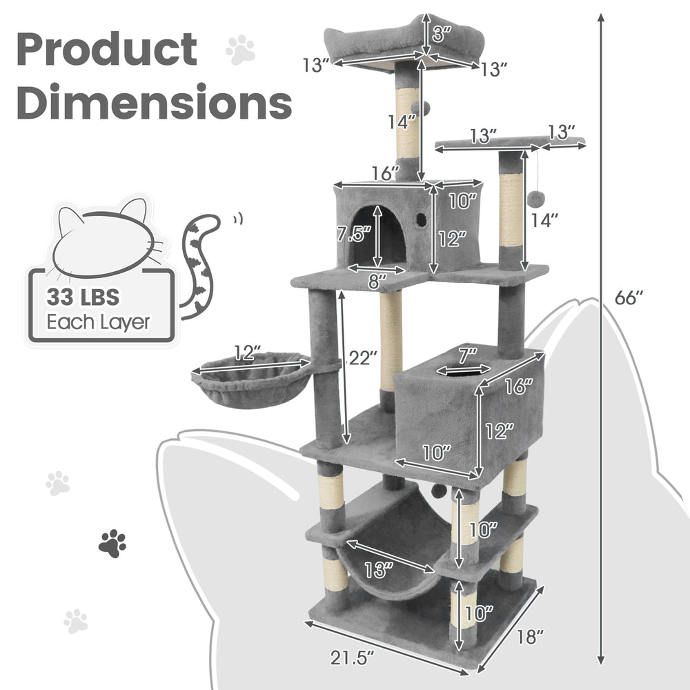 Multi-level cat tree with 2 condos, sisal scratching posts, and plush perches in light gray, ideal for multi-cat.