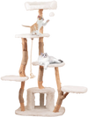 Stylish 66-inch tall cat tree with a cozy white plush covering and unique solid wood trunks for playful lounging.