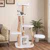 66-inch tall solid wood cat tree in white with multiple platforms, condo, and jute scratching posts for playful.