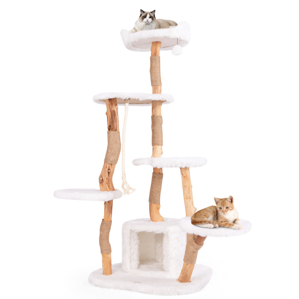 66-inch tall solid wood cat tree with plush platforms, jute scratching posts, and a cozy condo for playful lounging.