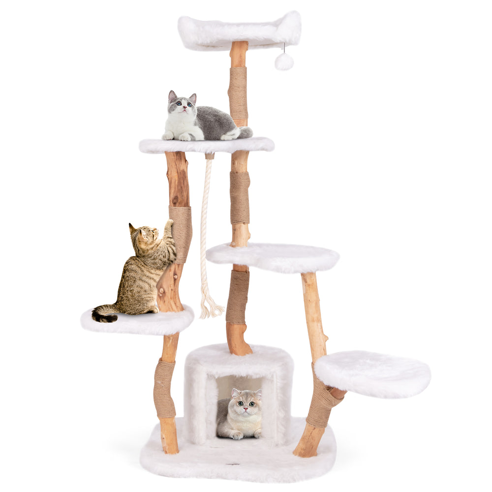 Tall wooden cat tree with plush platforms, jute scratching posts, and a cozy condo for playful and lounging cats.
