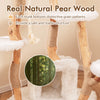 Natural pear wood cat tree with unique grain patterns, featuring plush platforms and jute scratching posts for playful.