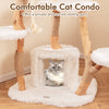 Cat condo with plush fabric and natural wood, featuring a secure resting spot for lounging and play.