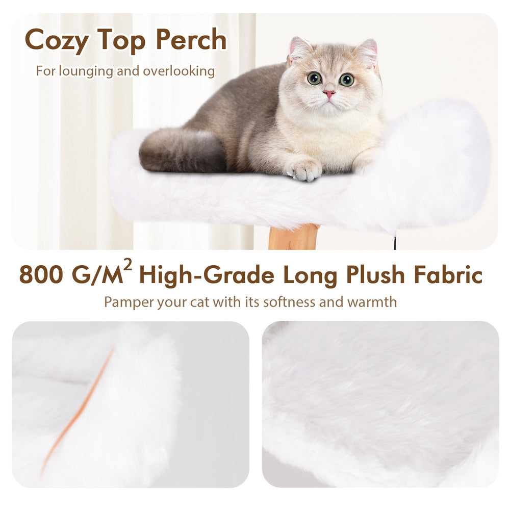 Cozy top perch of the 66-inch tall wooden cat tree, featuring soft plush fabric for lounging and overlooking.