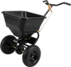 Walk-behind broadcast spreader with a 66 lbs capacity, featuring 13-inch all-terrain tires for efficient lawn and garden tasks.
