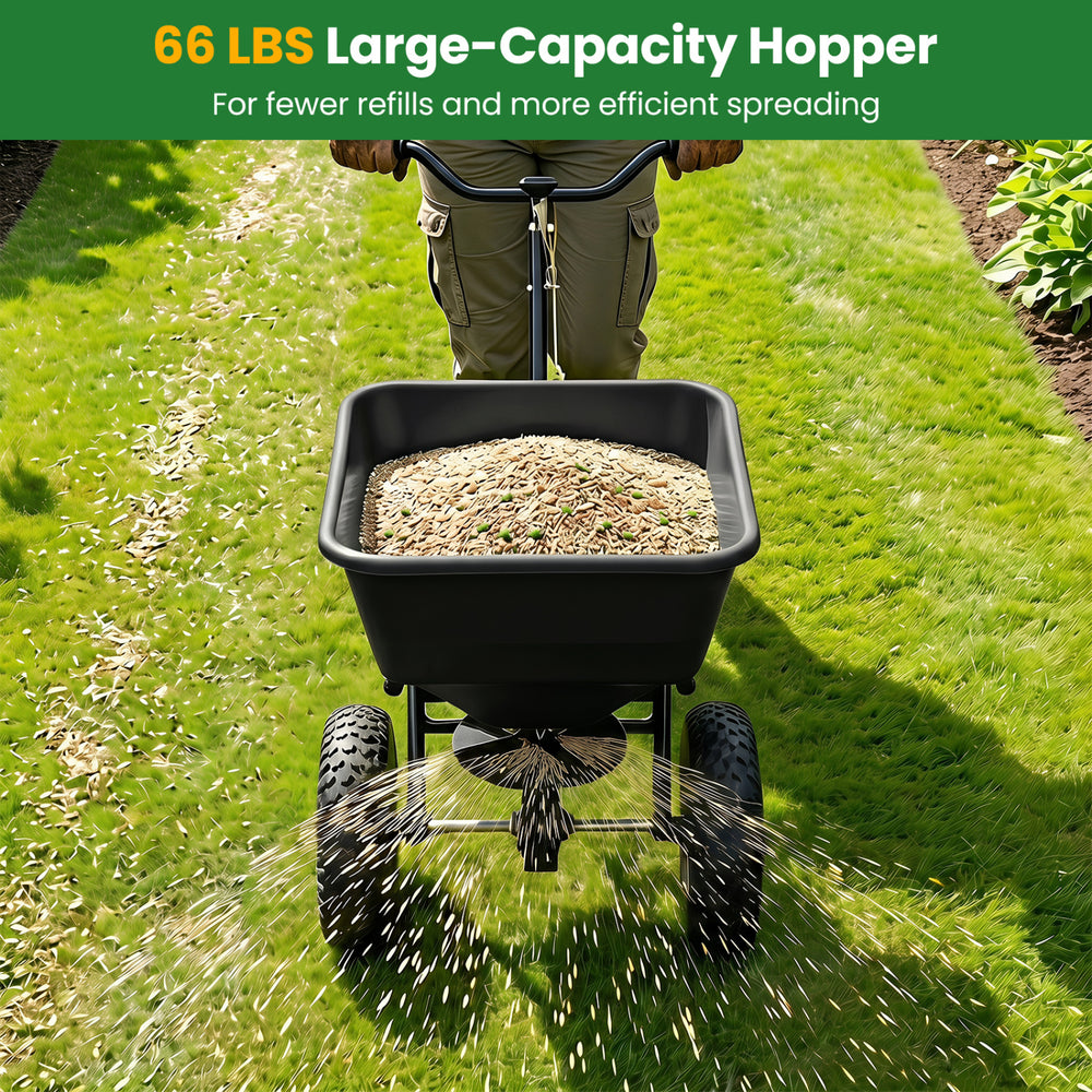 Large-capacity 66 LBS walk-behind broadcast spreader with 13-inch all-terrain tires for efficient lawn and garden tasks.