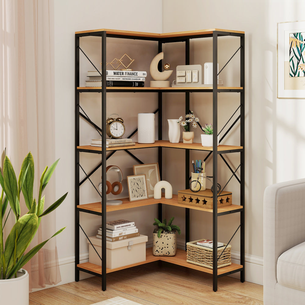 L-shaped 5-tier bookshelf in rustic brown with a sturdy metal frame, perfect for corner storage in living rooms or studies.