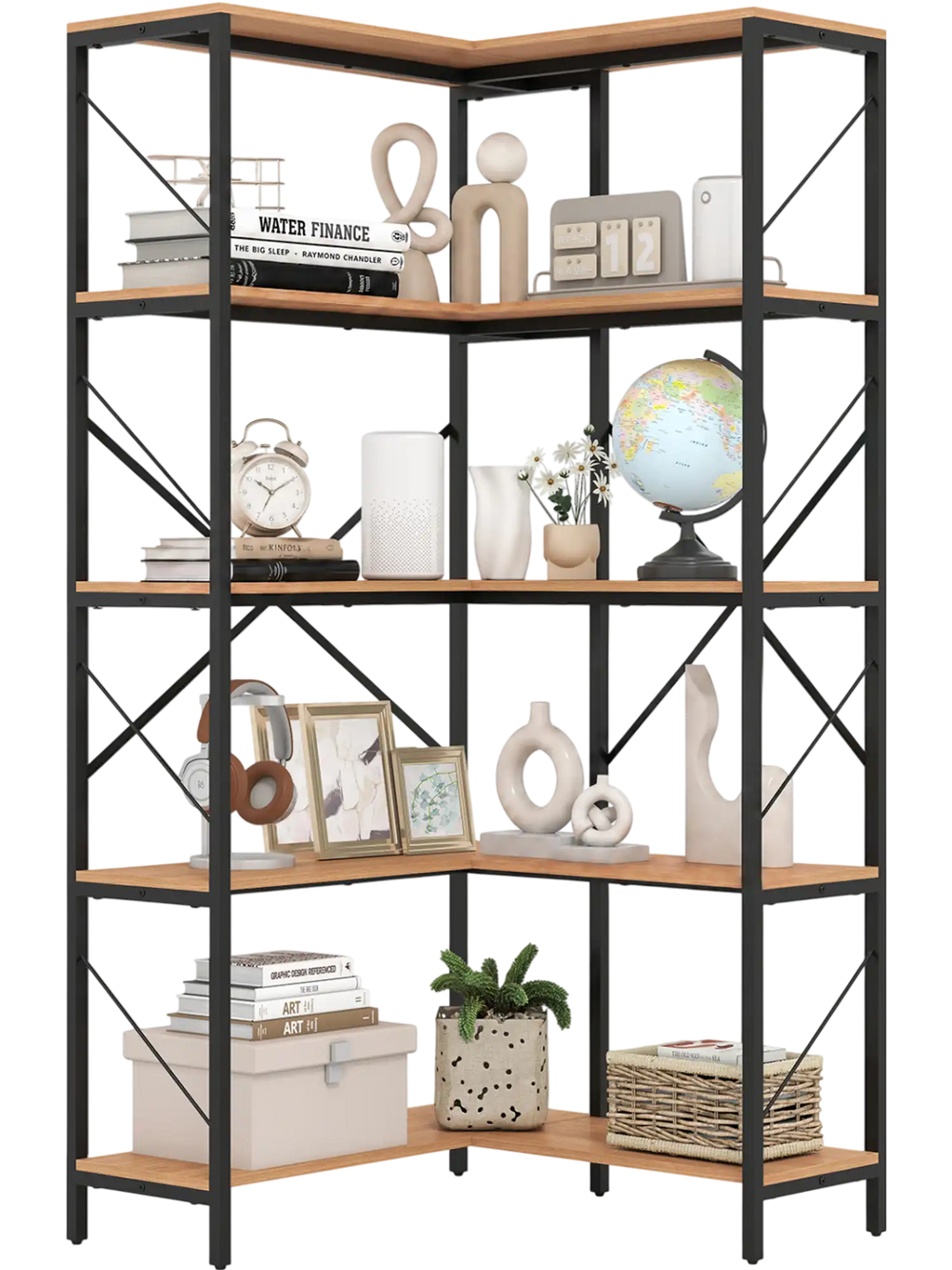 Five-tier L-shaped bookcase in rustic brown with a metal frame, perfect for corner storage in living rooms or studies.