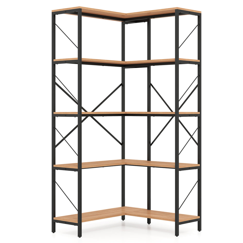 L-shaped 5-tier bookcase in rustic brown with a sturdy metal frame, perfect for corner storage in living rooms or studies.