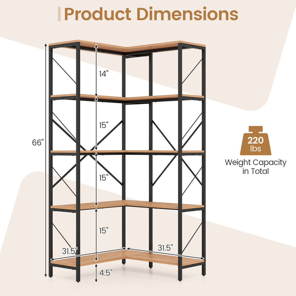 5-tier L-shaped bookcase in rustic brown with a metal frame, perfect for corner storage in living rooms or studies.