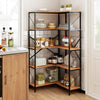Five-tier L-shaped corner bookshelf in rustic brown with a sturdy metal frame, perfect for maximizing storage in any room.