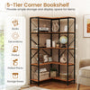 Five-tier L-shaped corner bookshelf in rustic brown with metal frame, perfect for displaying books and decorations.