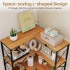 66" tall 5-tier L-shaped bookcase in rustic brown with metal frame, perfect for corner storage in living rooms or studies.