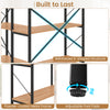 L-shaped 5-tier bookcase in rustic brown with a powder-coated metal frame and adjustable foot pads for stability.