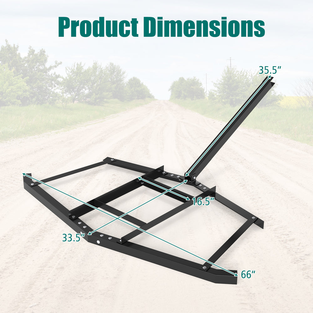 Driveway drag tow behind landscape leveling rake dimensions, 66" wide, made from powder-coated metal for durability.