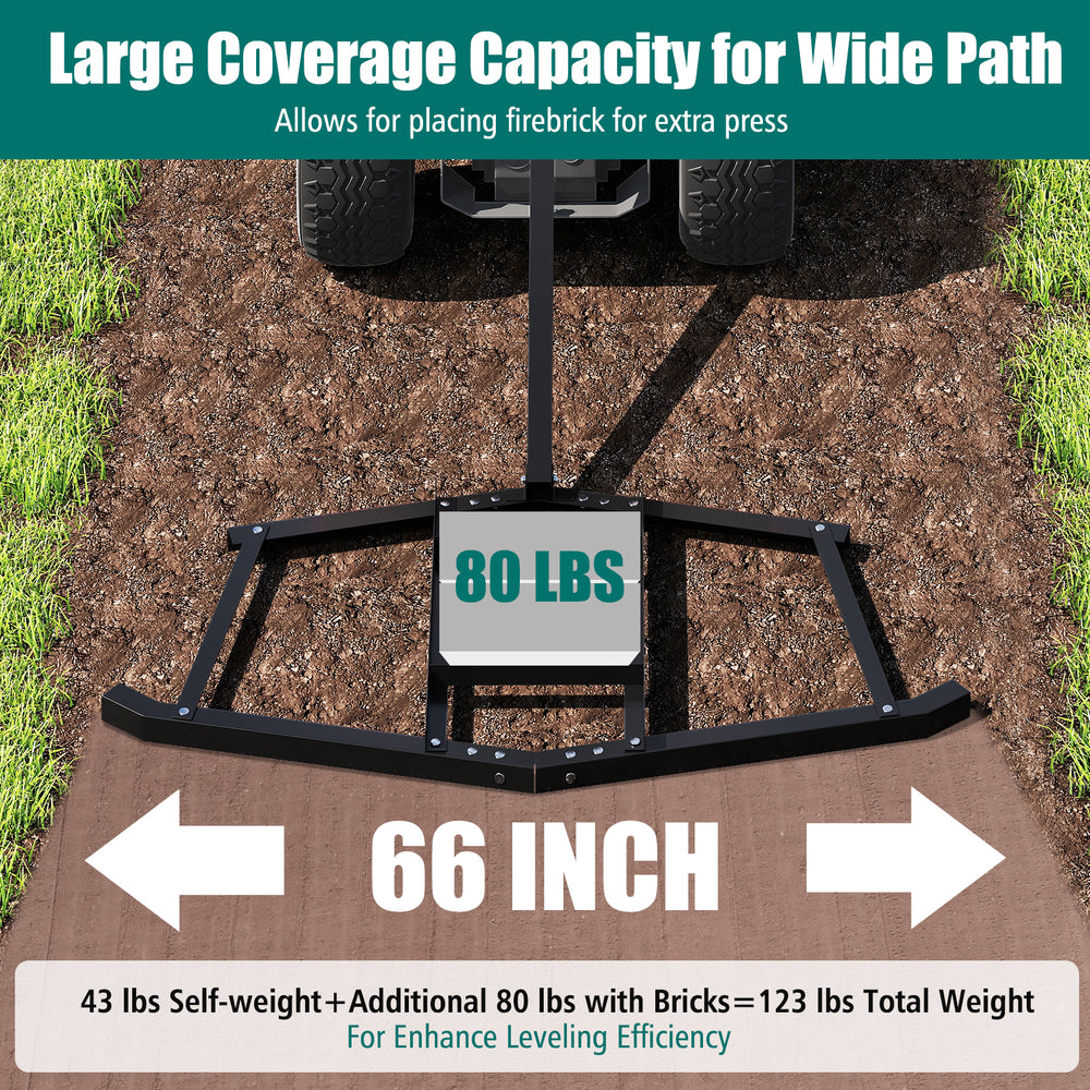 66" wide driveway drag tow behind landscape leveling rake with 80 lbs capacity, designed for efficient soil leveling.