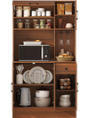 Brown pantry cabinet with a wide countertop, slide-out drawer, and open shelf for organized kitchen storage and.