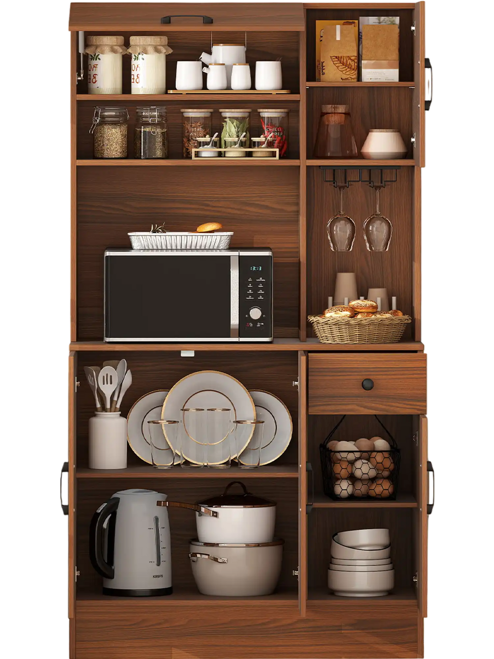 Brown pantry cabinet with a wide countertop, slide-out drawer, and open shelf for organized kitchen storage and.
