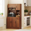 Brown pantry cabinet with a flip-up cabinet, slide-out drawer, and wine glass holder for efficient kitchen organization.