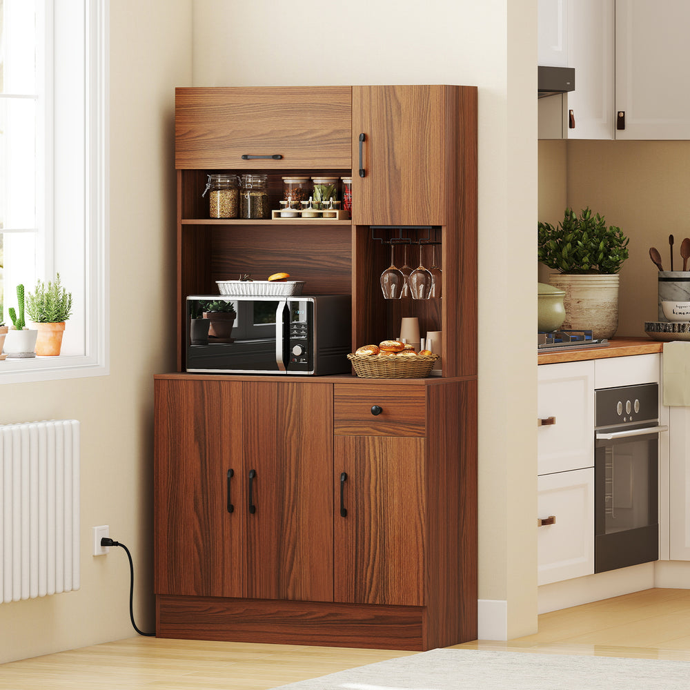 Brown pantry cabinet with a flip-up cabinet, slide-out drawer, and wine glass holder for efficient kitchen organization.