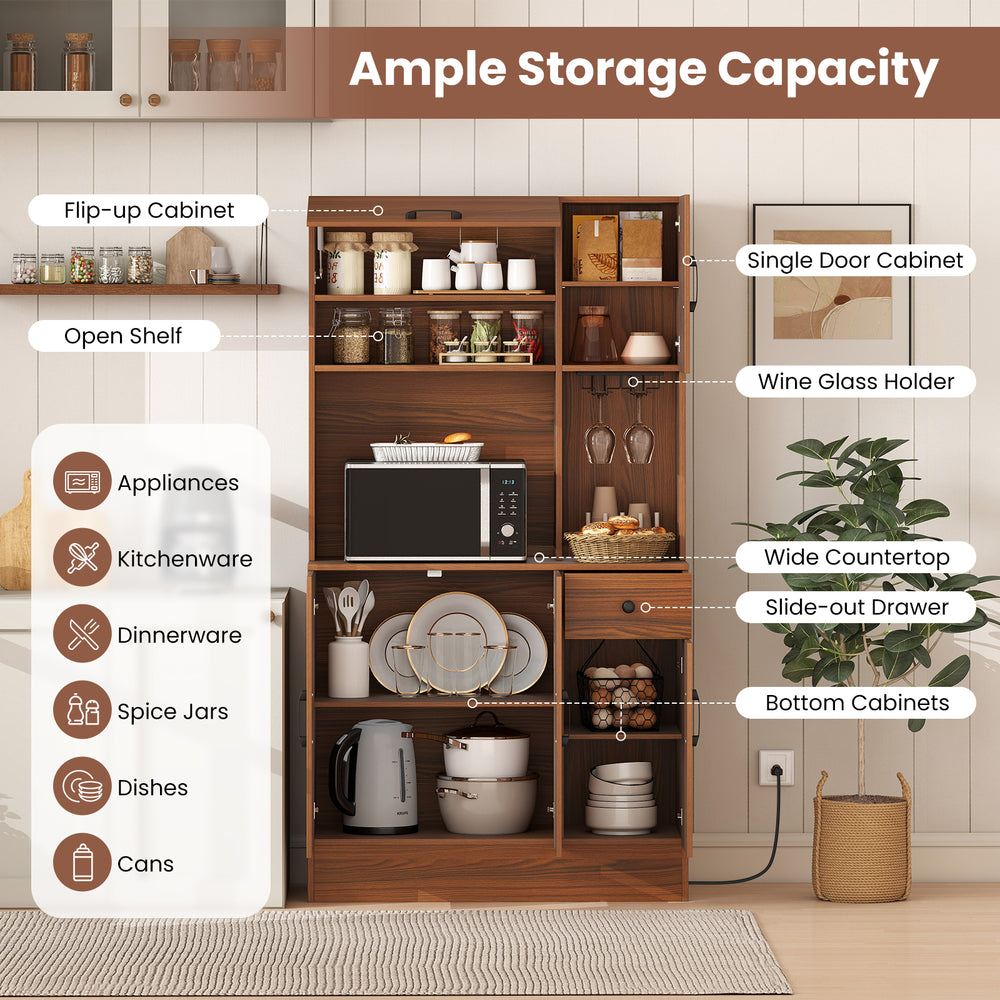 66-inch brown pantry cabinet featuring a charging station, open shelves, and adjustable storage for kitchen essentials.