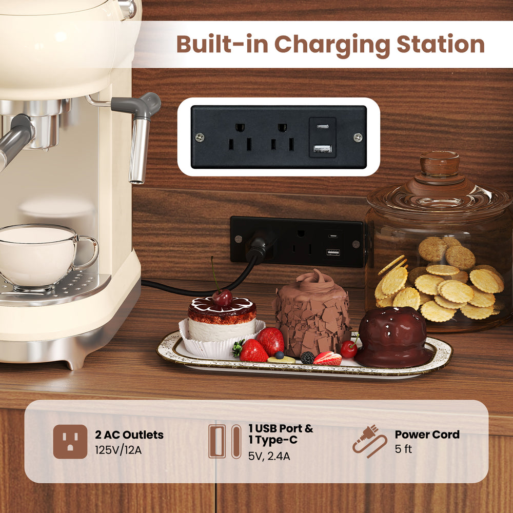 Pantry cabinet with built-in charging station, featuring 2 AC outlets and USB port, ideal for kitchen organization.