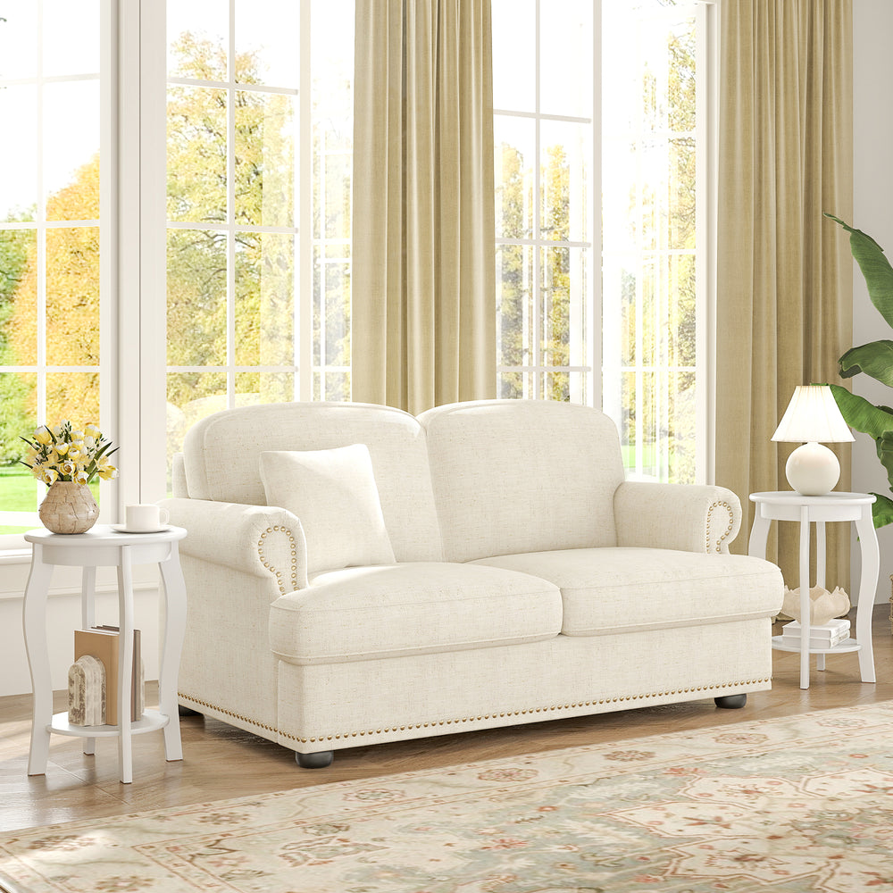 Round end table with storage shelf in white, featuring rubber wood legs and a rustic design, perfect for living rooms.