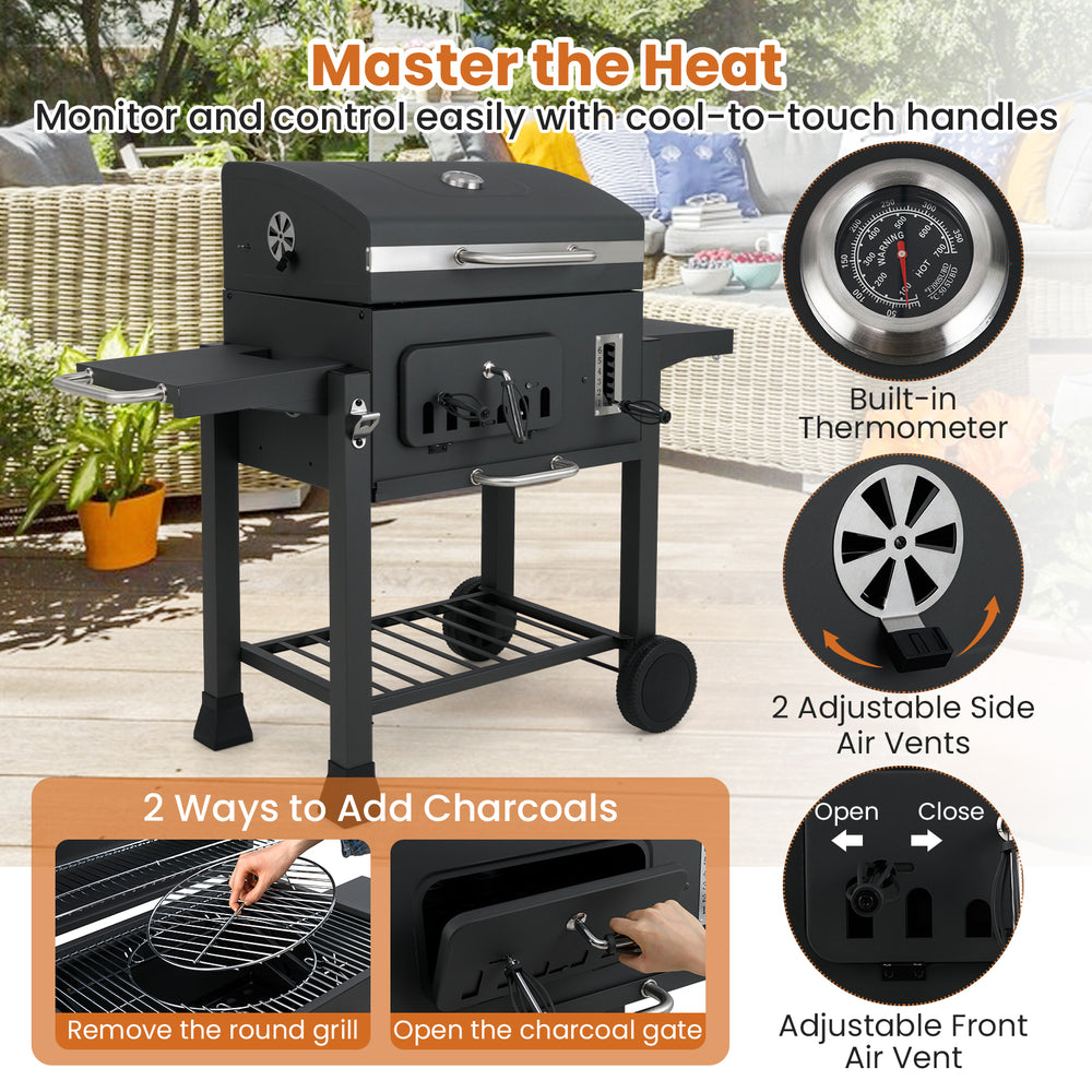 24-inch barrel charcoal grill with 544 sq.in cooking area, adjustable vents, and cool-to-touch handles for safe.